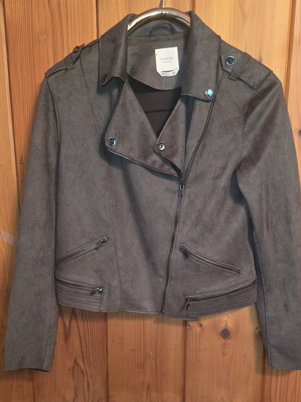 Harper Faux Suede Moto Jacket in Olive